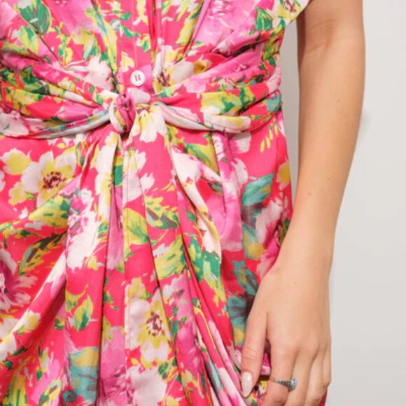 NWT Hawaiian Tropical Floral Print Ruched Tie Front Satin Shift Dress - Picture 4 of 6
